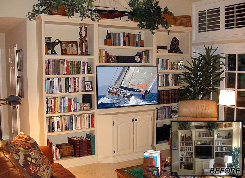 Custom back wall and pull-out bracket added to modify this built-in wall unit.