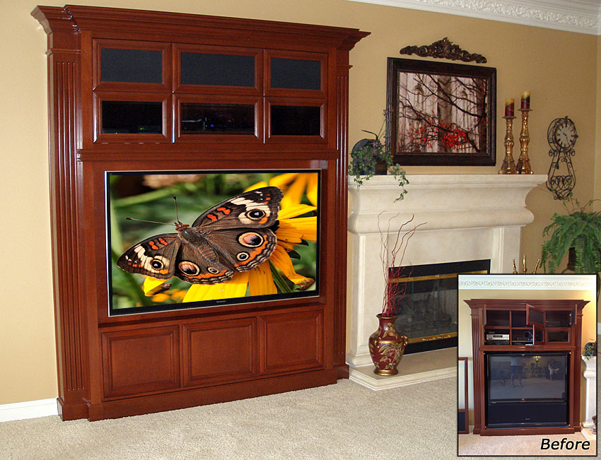 Furniture modification, this built-in entertainment center was retrofitted to accommodate a flat panel TV.