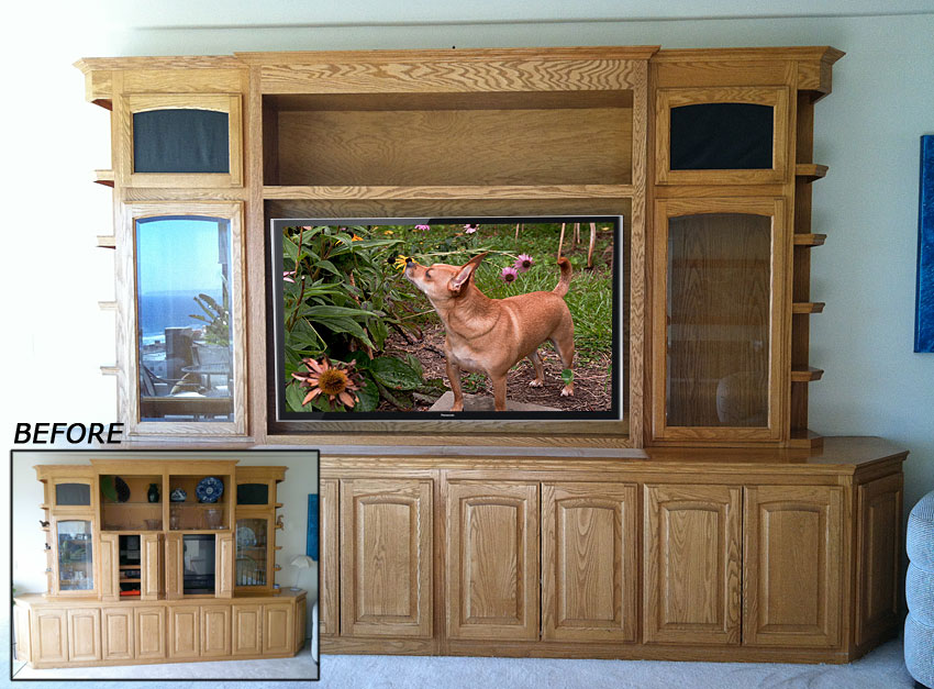 Oak wall unit modified for flat panel TV