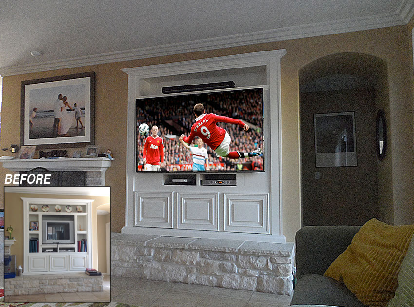 White built-in wall unit retrofitted from small TV to large TV and sound bar.