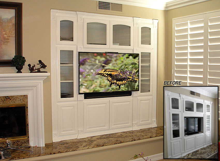 White built-in entertainment center modified for flat panel TV and Sonos sound bar.