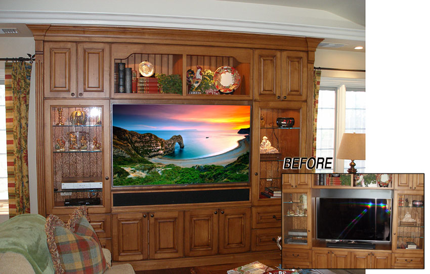 Wall unit modified for large flat panel TV and concealed sound bar.