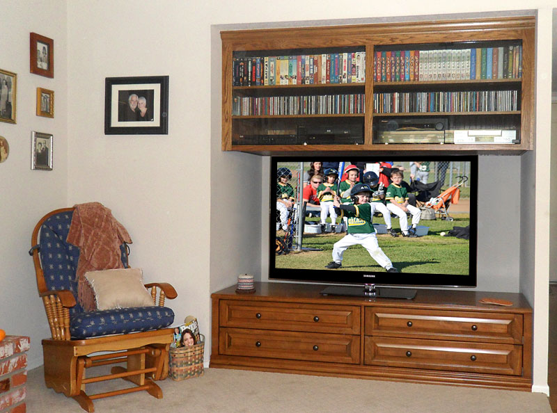 TV stand with built-in drawers and shelves for DVD and media storage