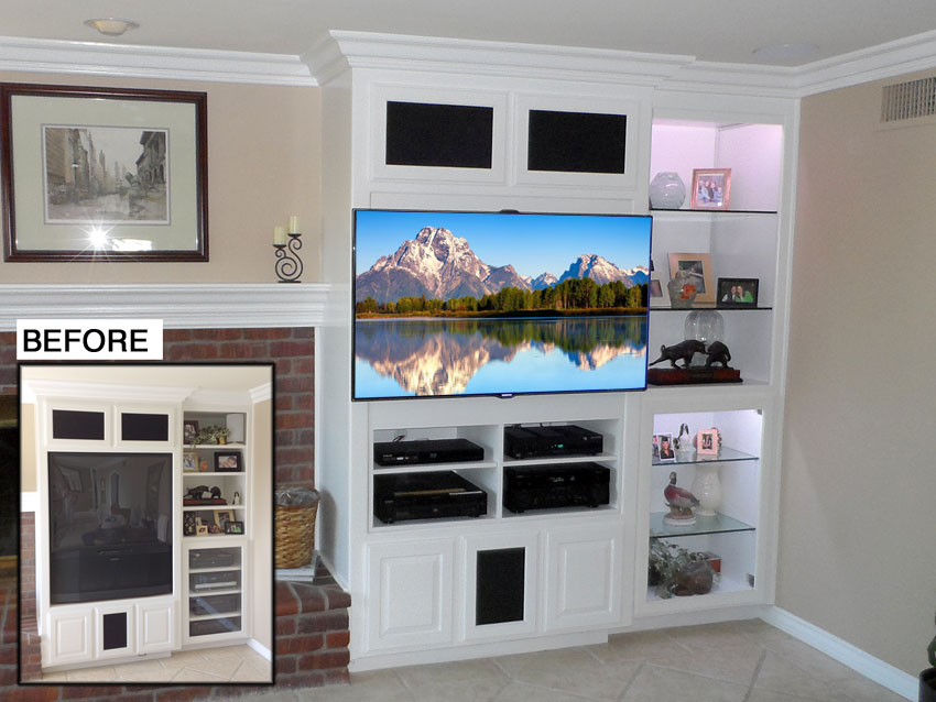 Before and After View of White Wall Unit Modified for Flat Panel TV