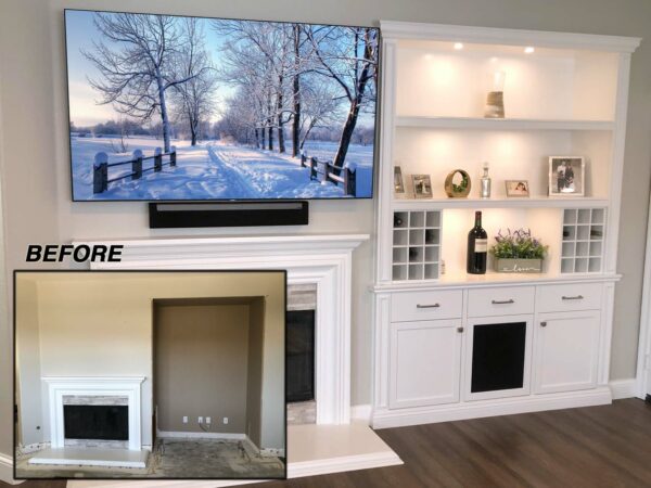Custom BIC2 White Built-In Entertainment Center, Before and After View