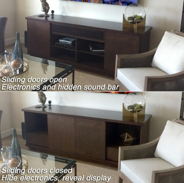 Sliding Door TV Credenza showing both the open and closed views
