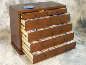 Ten drawer high-capacity media storage cabinet in birch wood