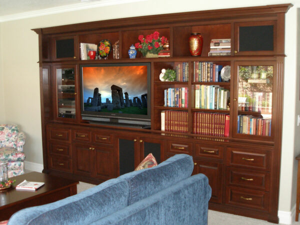 Built-in Entertainment Wall Unit in Cherry Finish with Bookcases and Lighted Display Space