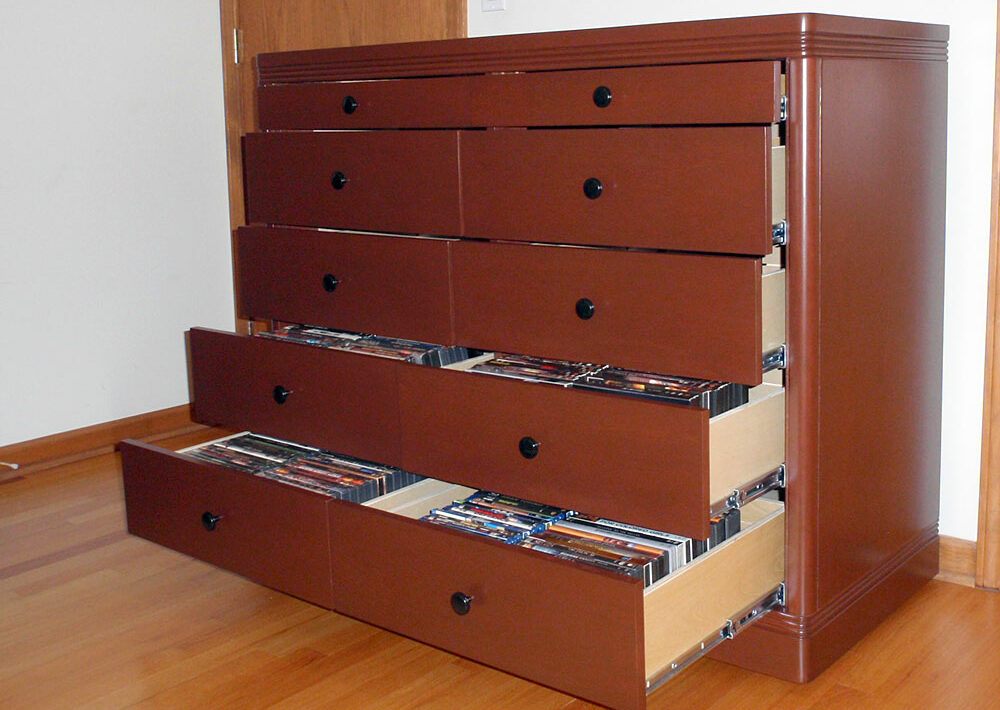 Ten drawer high capacity CD, DVD, and Blu-Ray media cabinet in Theater-Tech Style