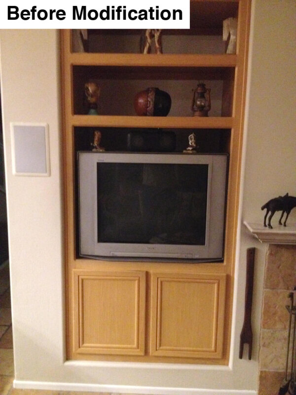 Before the modification upgrade the furniture would only accommodate a small table top TV.