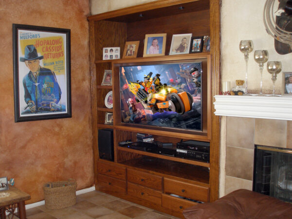 Custom Furniture Modification of Oak Built-In Wall Unit and Flat Panel TV