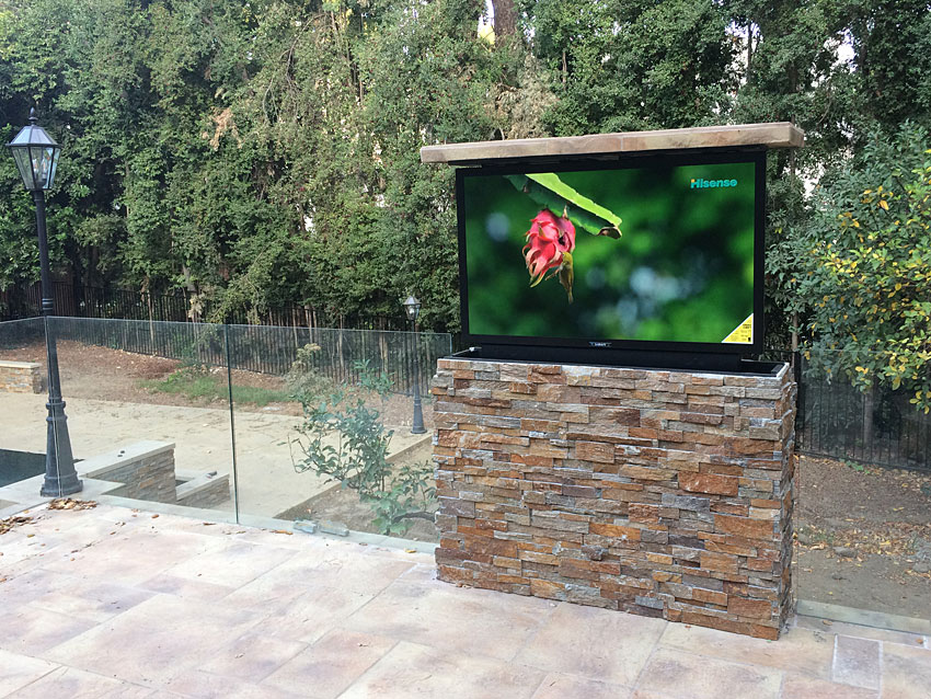 Stacked stone outdoor TV lift, Sunbrite or Samsung Terrace Outdoor TV, TV Raised