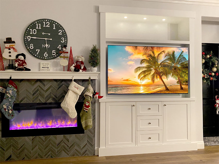 White Built-in Wall Unit with Electronic Fireplace and Mantle